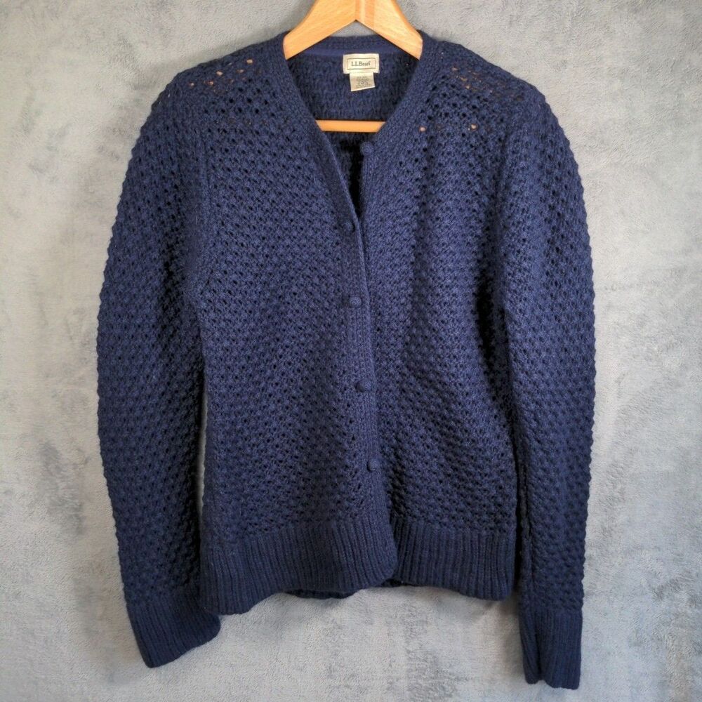 Vtg L.L. Bean Button Cardigan Sweater Large Angora Wool Bobble Knit Blue Cozy